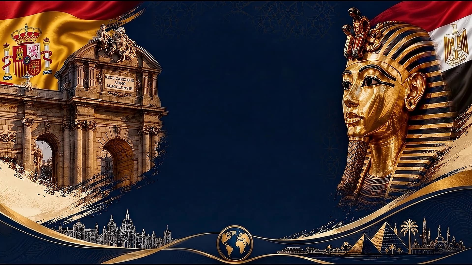 The Puerta de Alcalá in Madrid and the golden mask of Tutankhamun beneath the flags of Spain and Egypt on a deep navy background